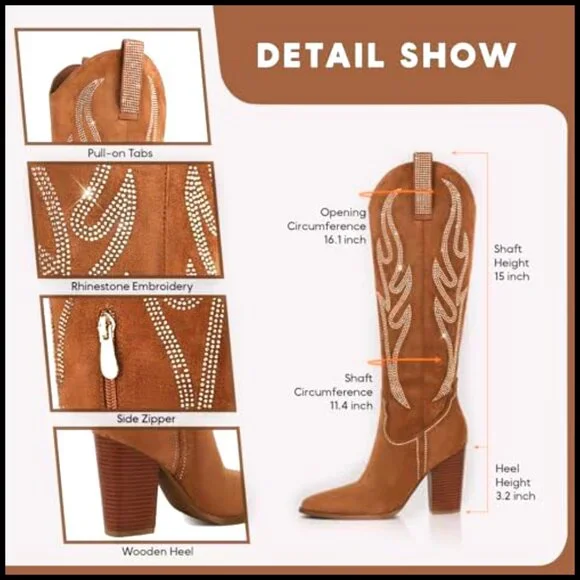 Knee High Cowboy Boots Suede Rhinestone Embroidered Western Chunky Heel Pointed - Picture 5 of 7